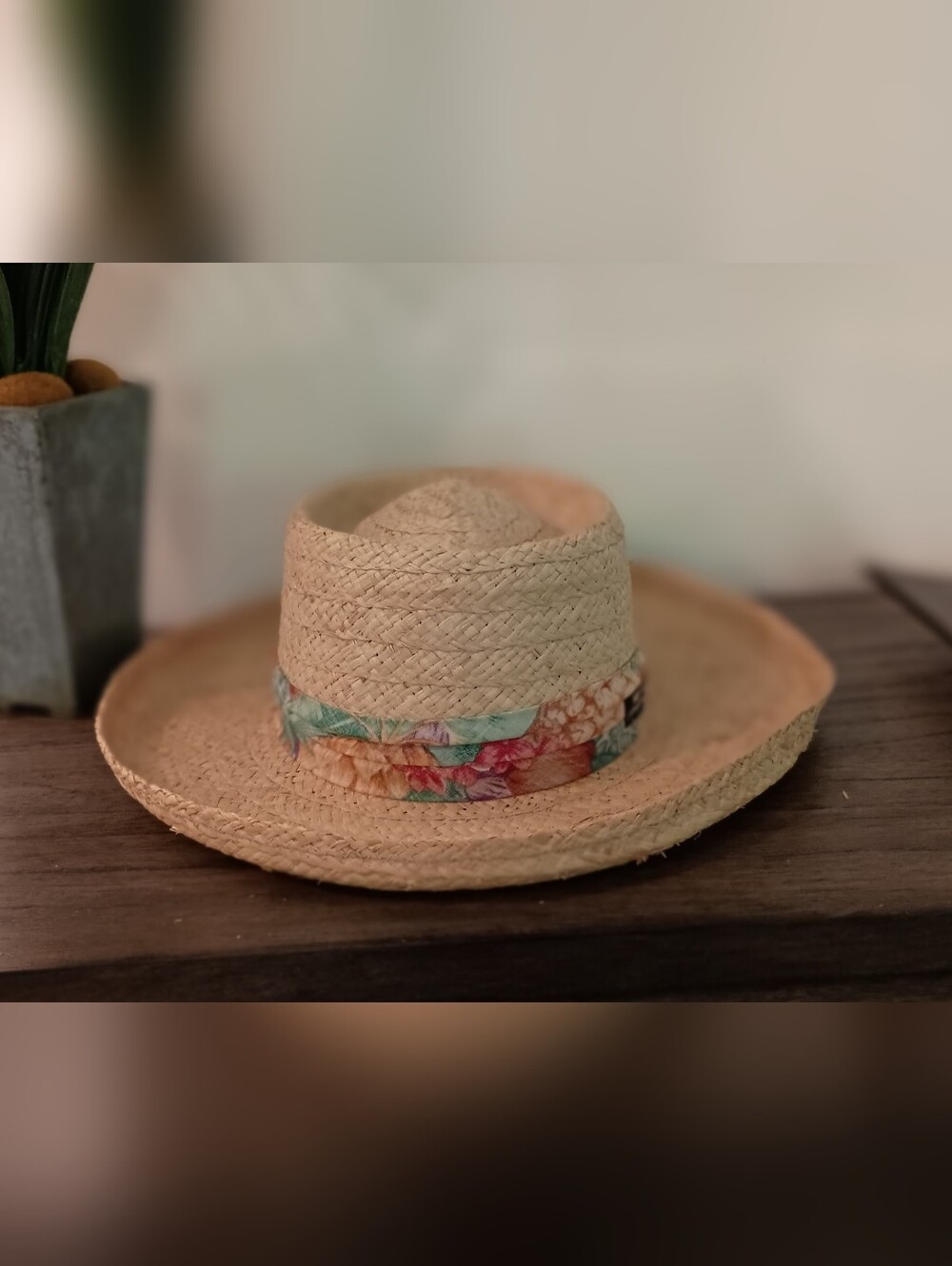 Straw Panama Hat with Floral Band - Natural - Picture 12 of 13